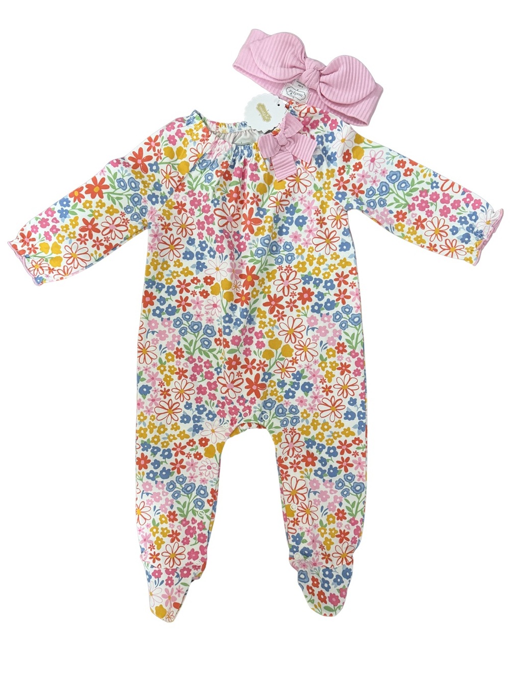 Mud Pie Rainbow Ditsy Floral Footed Sleeper w/ Matching Bow Headband Size 6-9 Mo